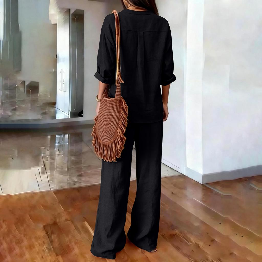 Women's Two-Piece -color Cotton And Linen Long-sleeved V-neck Top Straight-leg Casual Trousers Set