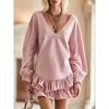Women S Pink V Neck Ruffled Lantern Sleeve Short Sweatshirt Dress