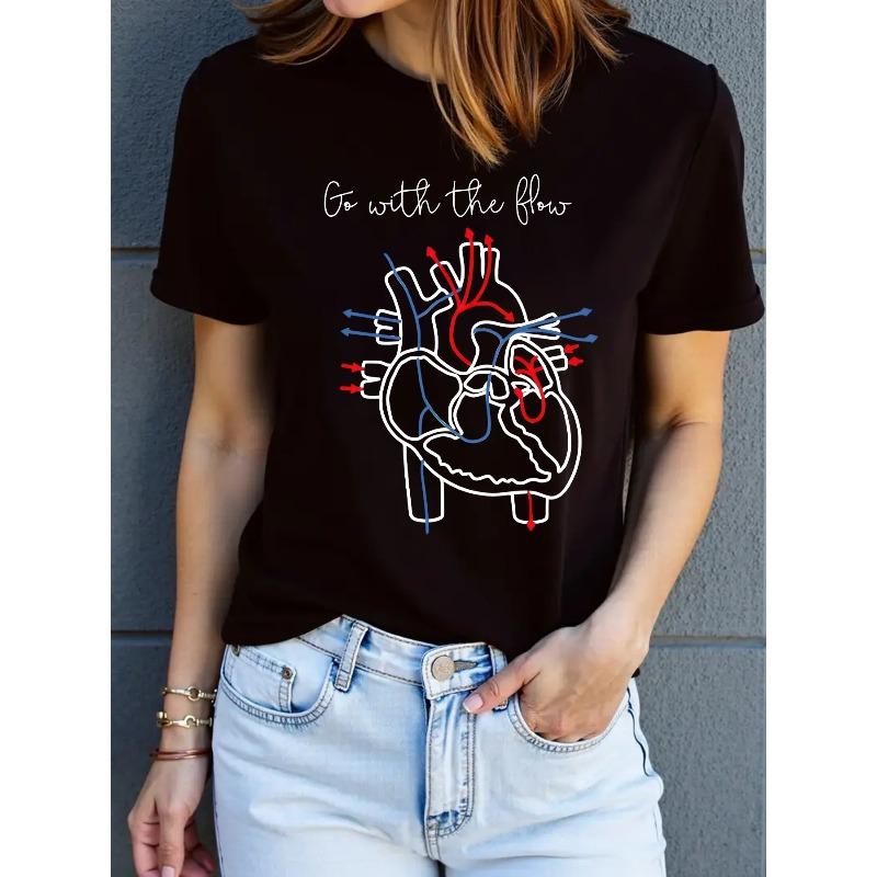 European Size Women's Casual Heart Line Print T-Shirt - Breathable Crew Neck Top, Machine Washable for Spring/Summer Outings and Daily Wear
