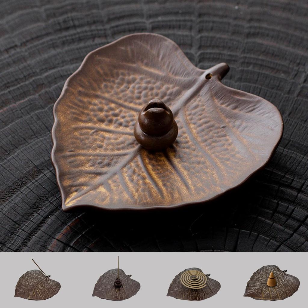 Health Nest Stylish Leaf-Shaped Ceramic Incense Holder, Fits 3 Types of Incense, Ash-Proof, Japanese-Style Design, Perfect Gift (Antique Brown)