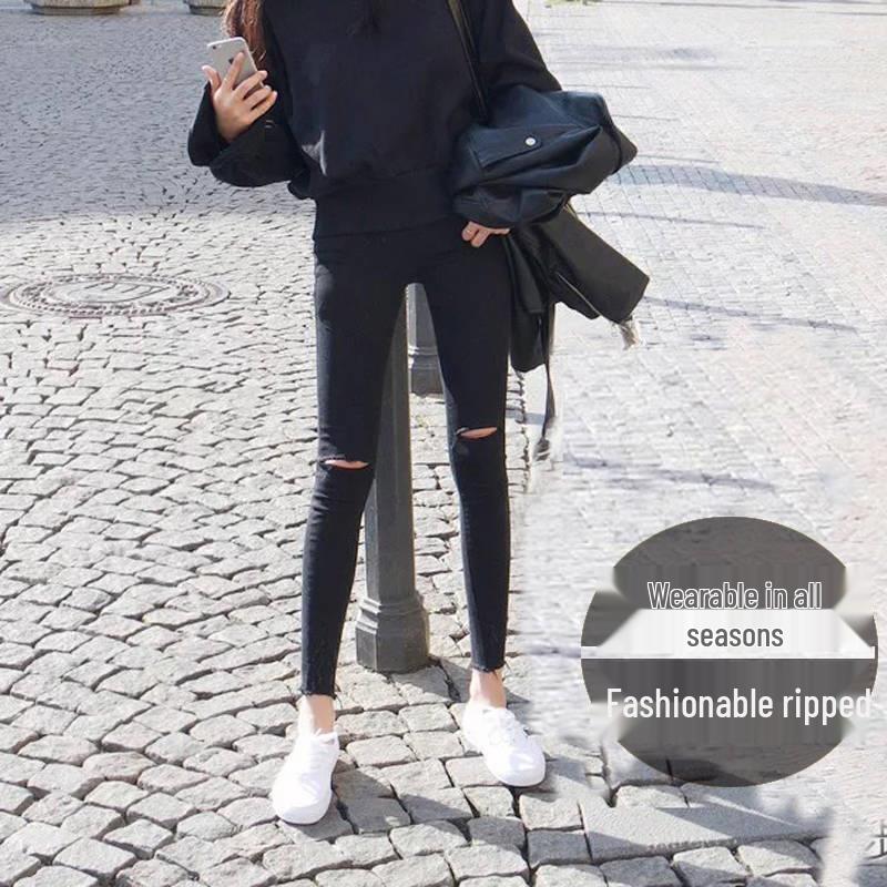Twillové zeštíhlující černé tužkové kalhoty pro ženy - Jarní a podzimní roztrhaný styl