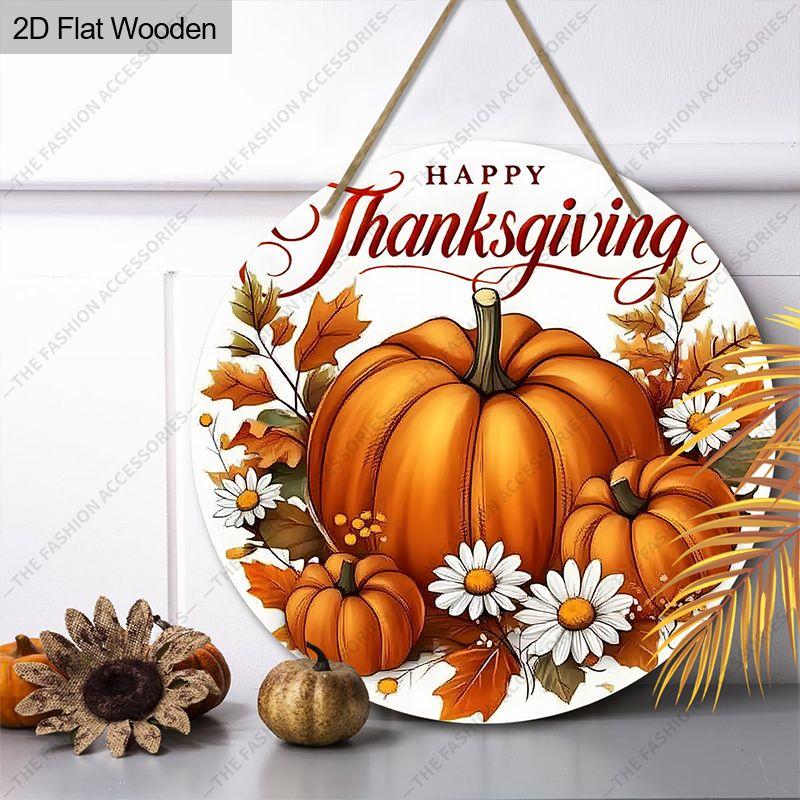 Happy Thanksgiving Pumpkin Round Wooden Hanging Sign, Autumn Door Wall Decor