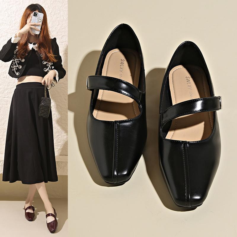 

Square head shallow mouth single shoes women s new spring and autumn leather one-word with small leather shoes thick heel medium heel women s shoes 34 чёрный