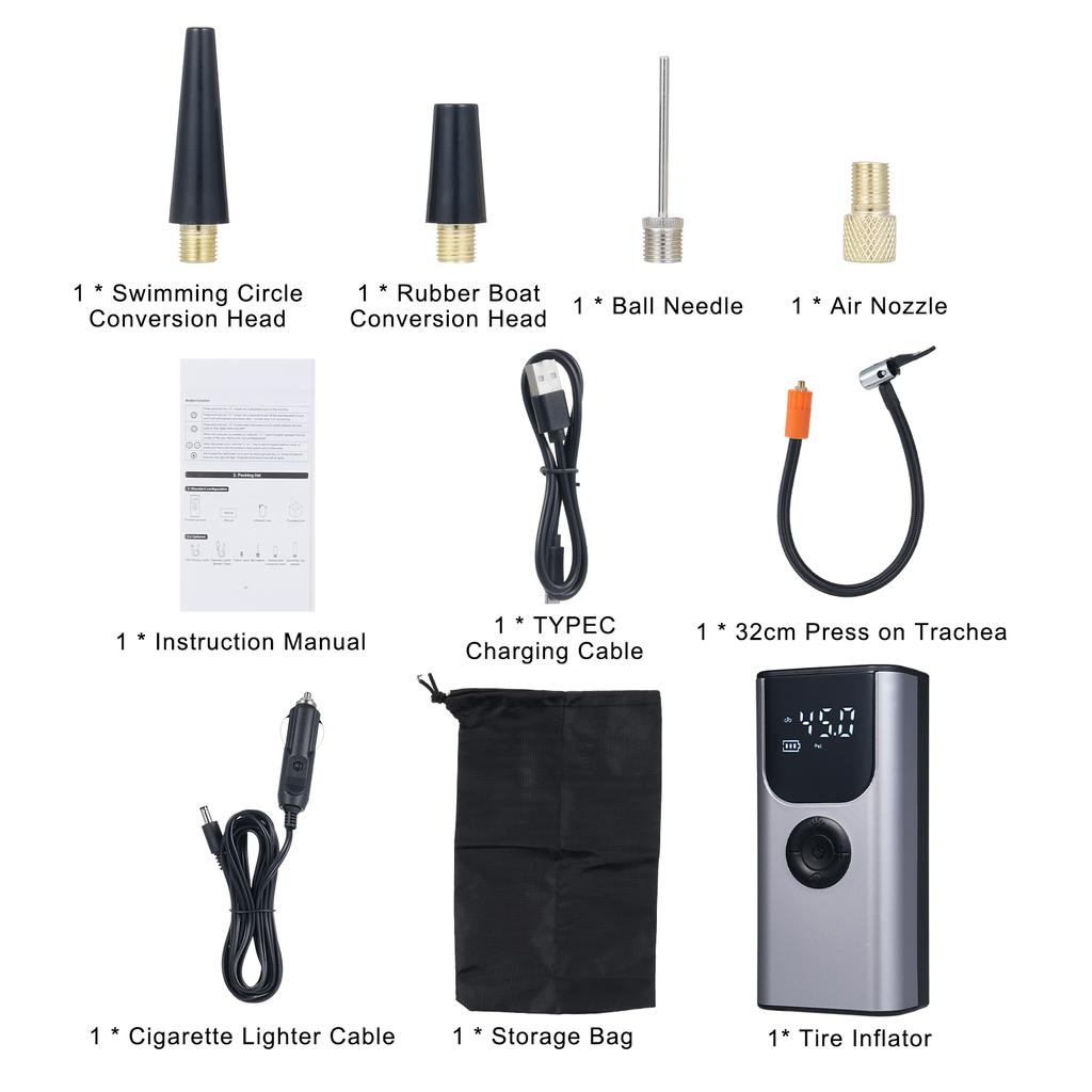 Portable Tire Inflator, Multifunctional for Car, Motorcycle, Tires, Basketball, Power Bank LED SOS Light Function Preset Tire P