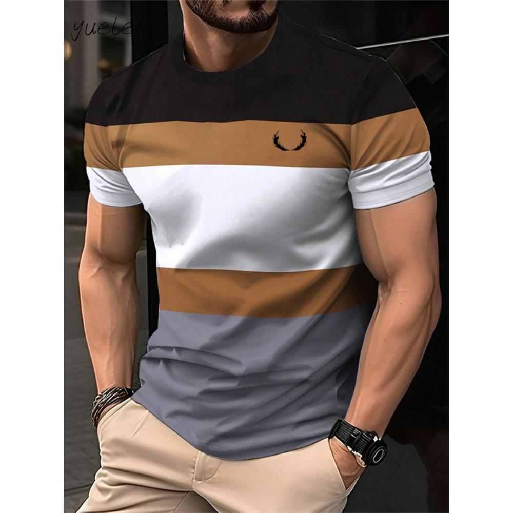 Fashion Striped Printed Men's T-Shirt Summer Breathable Men's Clothing Casual Loose Men Tops Versatile O-Neck Men Short Sleeved