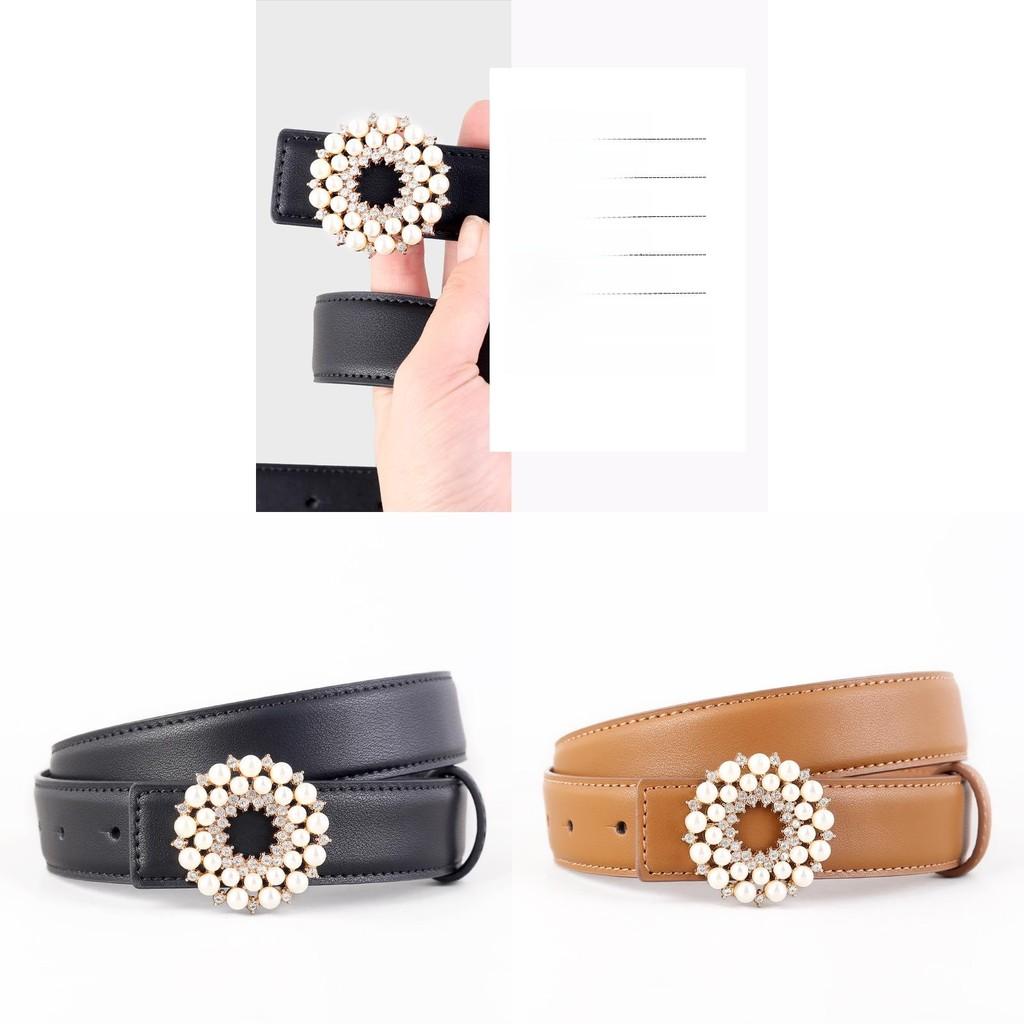 Womens Pearl Embellished Leather Belt With Alloy Buckle For Casual Dress And Jeans Accessories