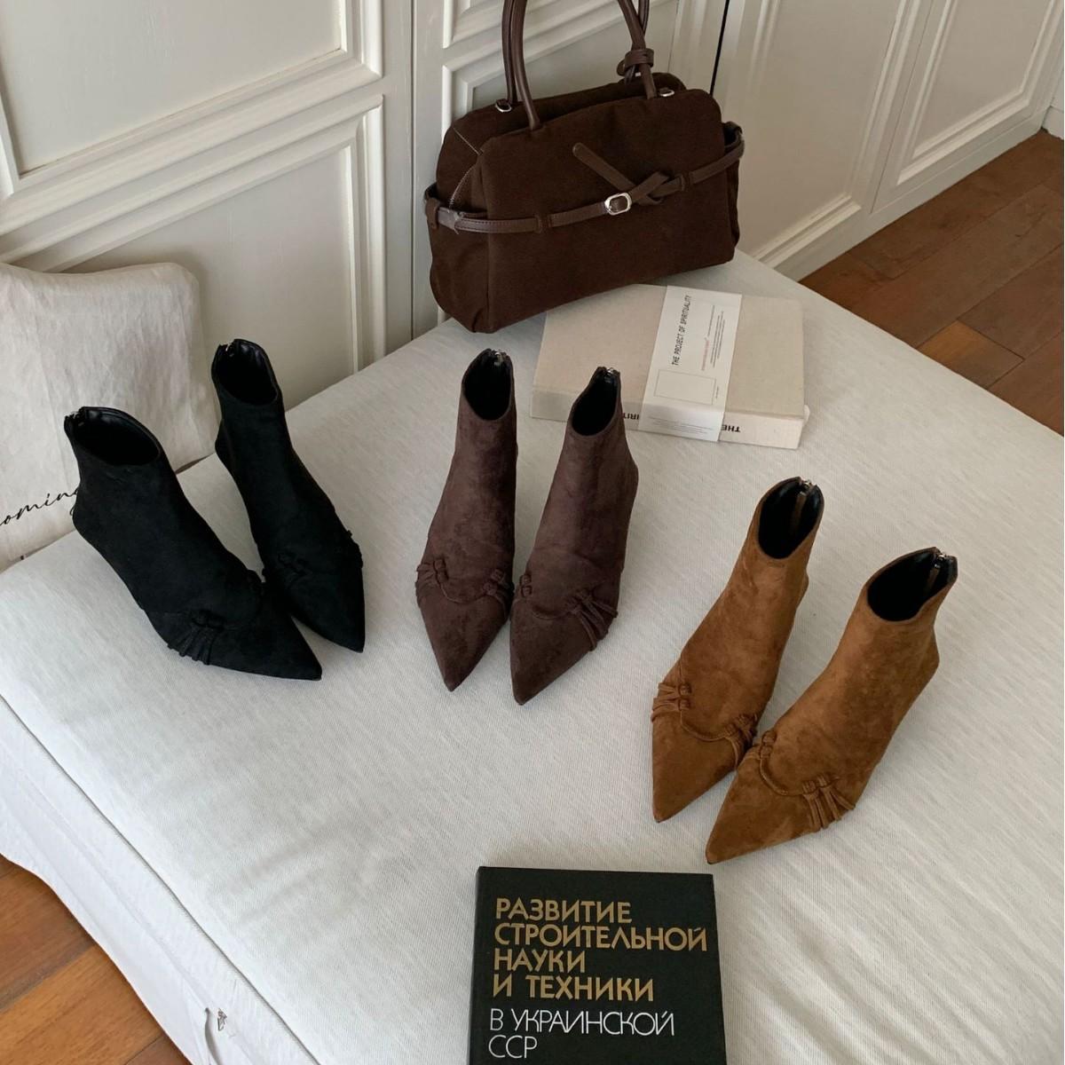 

2025 autumn and winter new temperament pointed suede thin heel zipper thin niche women s short boots 39 кофейный