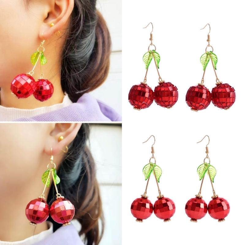3D Red Cherry Fruit Drop Dangle Earrings Crystal Green Leaf Funny Earrings for Women Girls Tassel Aesthetic Jewelry