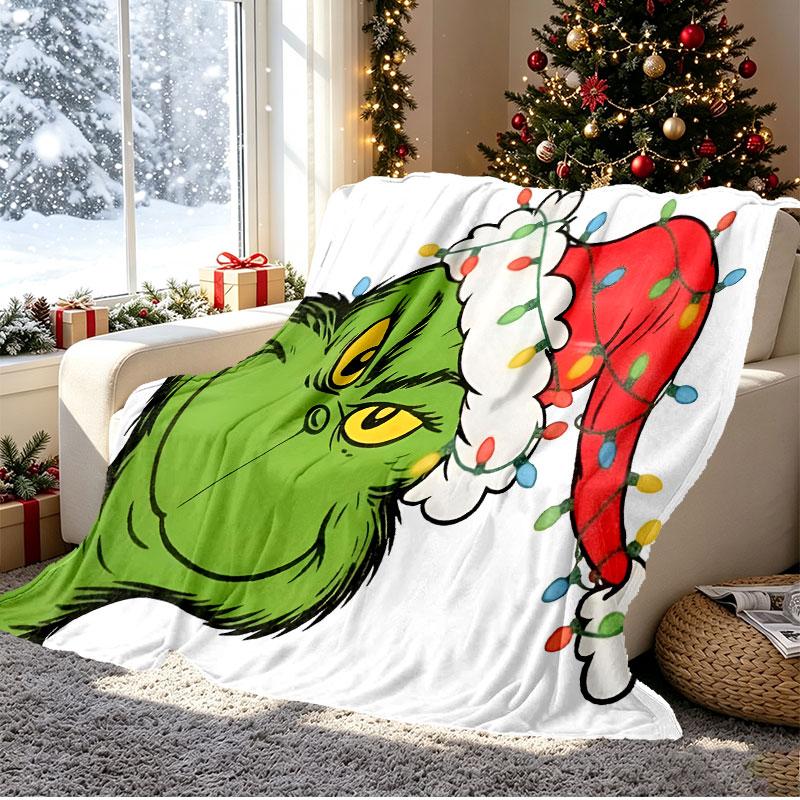 The Grinch Pattern Blanket for Home Decoration, Bed, Sofa, Car Travel, Camping, Suitable for All Seasons, Birthday Christmas Gift