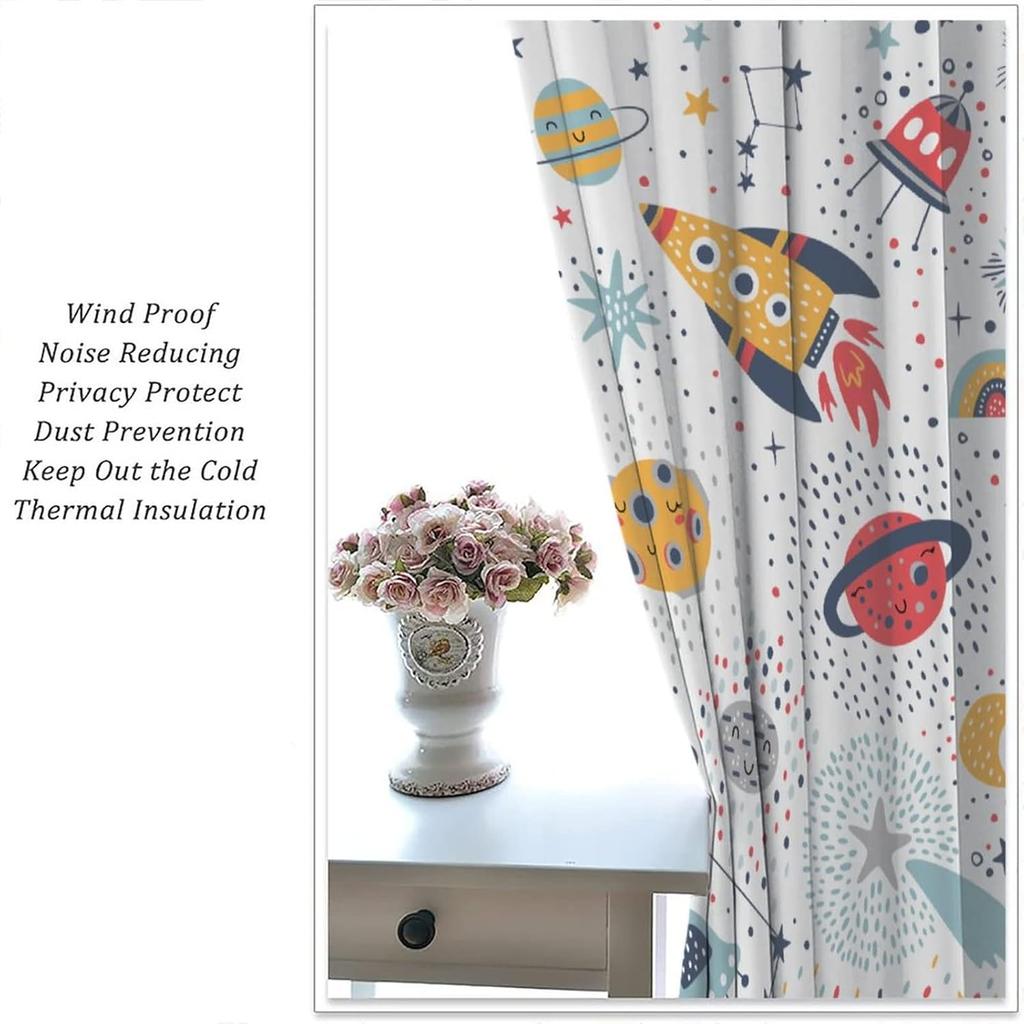 Kids Outer Space Rocket Curtains Cartoon Universe Galaxy Starry Sky Cosmos Boys Girls Study Room Bedroom Curtain For Master Made Of Polyester