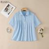 Women Casual Turn Down Collar Loose Short Sleeve Plaid Print Blouse