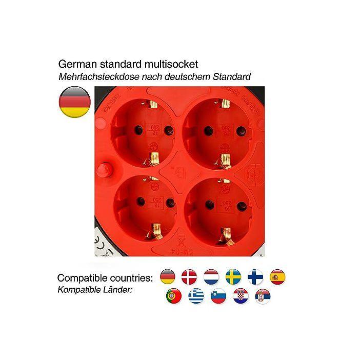 Enrouleur de câble 4 prises - Velamp - 25m - Schuko - Interrupteur thermique - Sécurité enfants - 3200W déroulé