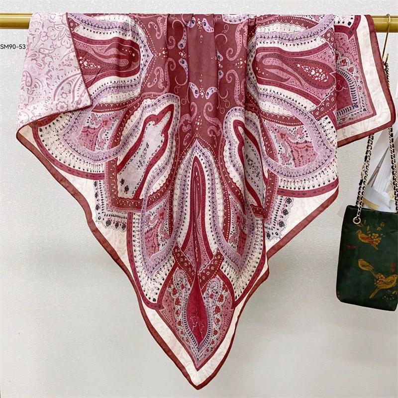 Double-Sided Faux Silk And Wool Printed Scarf For Women Spring And Autumn 90Cm Square Scarf Foulard Bandana Femmel Headscarf
