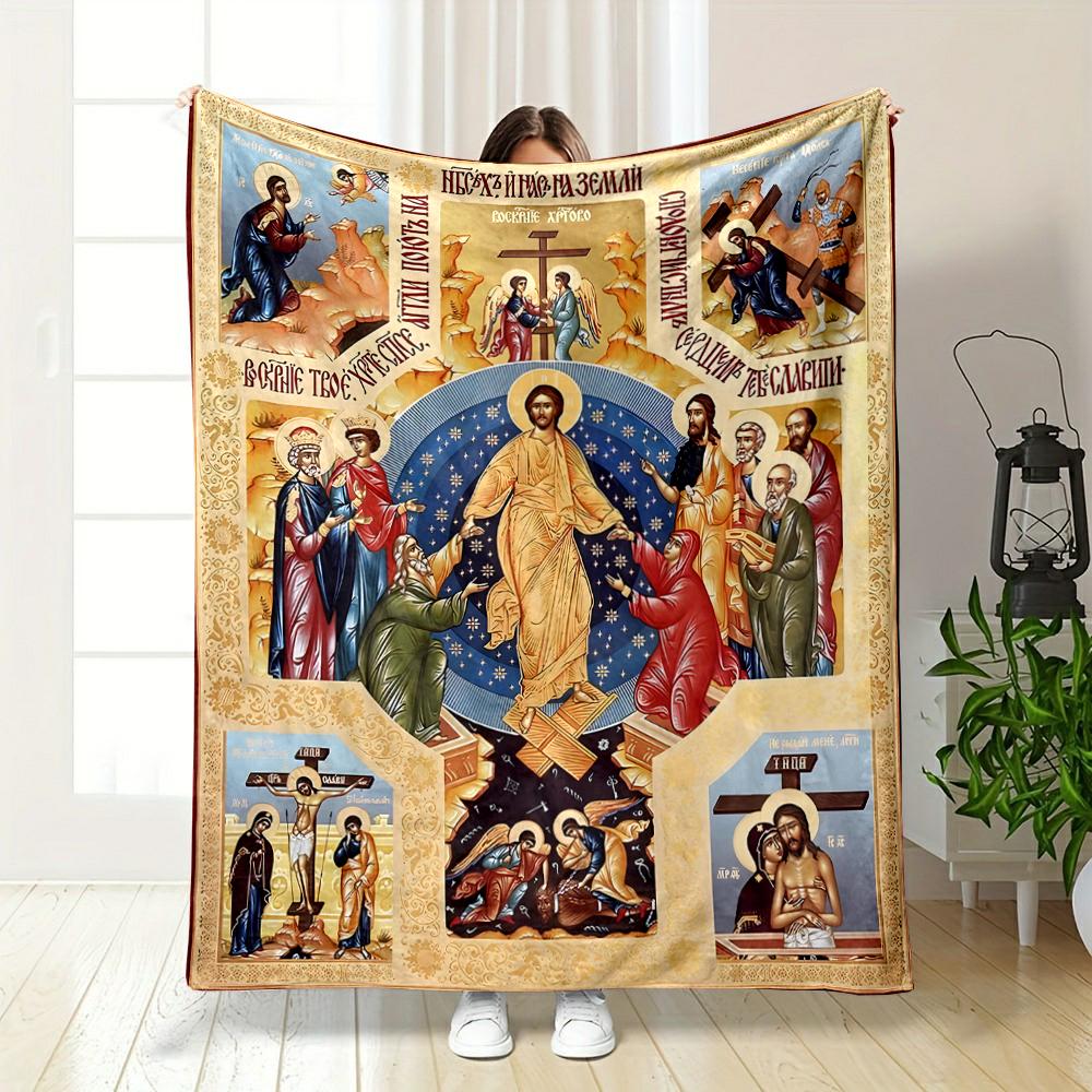 Icon of Jesus with Religious ScenesFlannel blanket for bedroom, living room, sofa, and nap