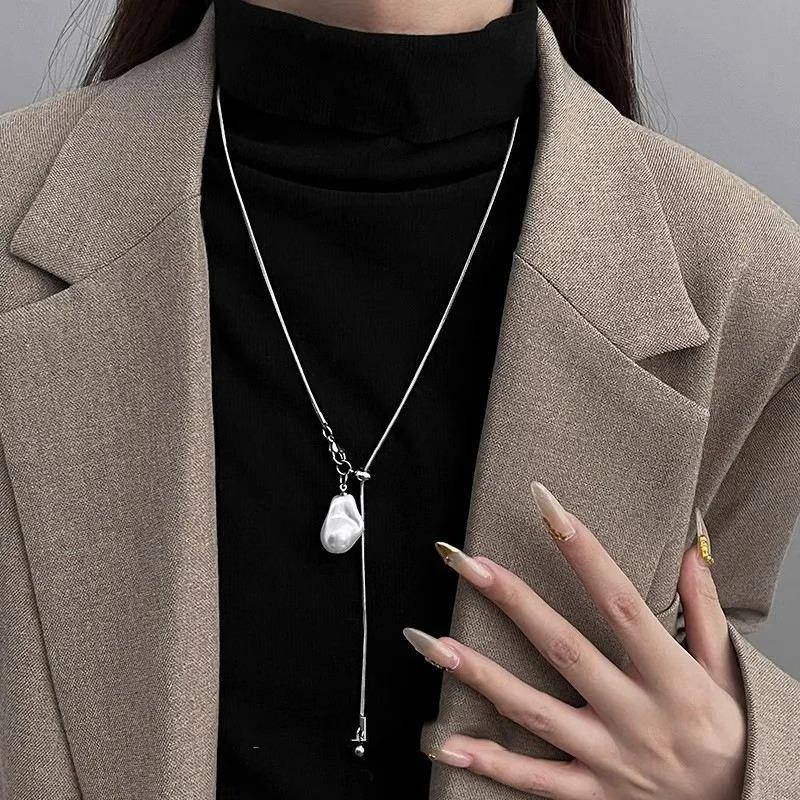 Gold Color Double Layered Long Tassel Chain Necklaces for Women Simple Metal Geometric Bead Choker Necklace Fashion Jewelry