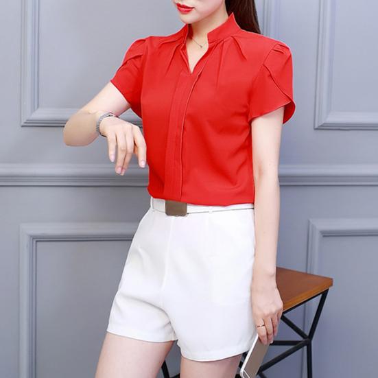 Sommer Chiffon Hemd V-Ausschnitt Blütenblatt Kurze Einfarbig Ärmel Pullover Tops Stehkragen Dünne Frauen Bluse