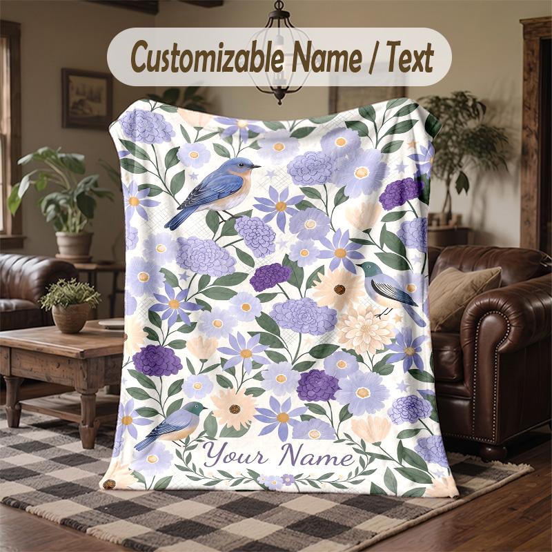 Blue White Floral 1 Theme Throw Blanket Custom Name Text Personalized Blanket Soft Cozy Blanket for Home Sofa Bed