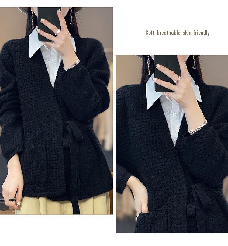 Women's 2023 Loose Cashmere Tie-Up Sweater, Long Sleeve, Pure Wool, Knitted Cardigan with % Collar for Spring