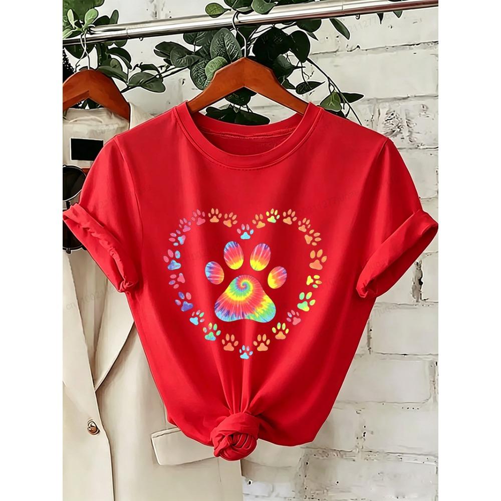Dog Paw Print Heart Animal Lover T-Shirts Colorful Dog Paw Colorful Dog Paw Shirts Heart Anime Women's T-Shirts Short Sleeve