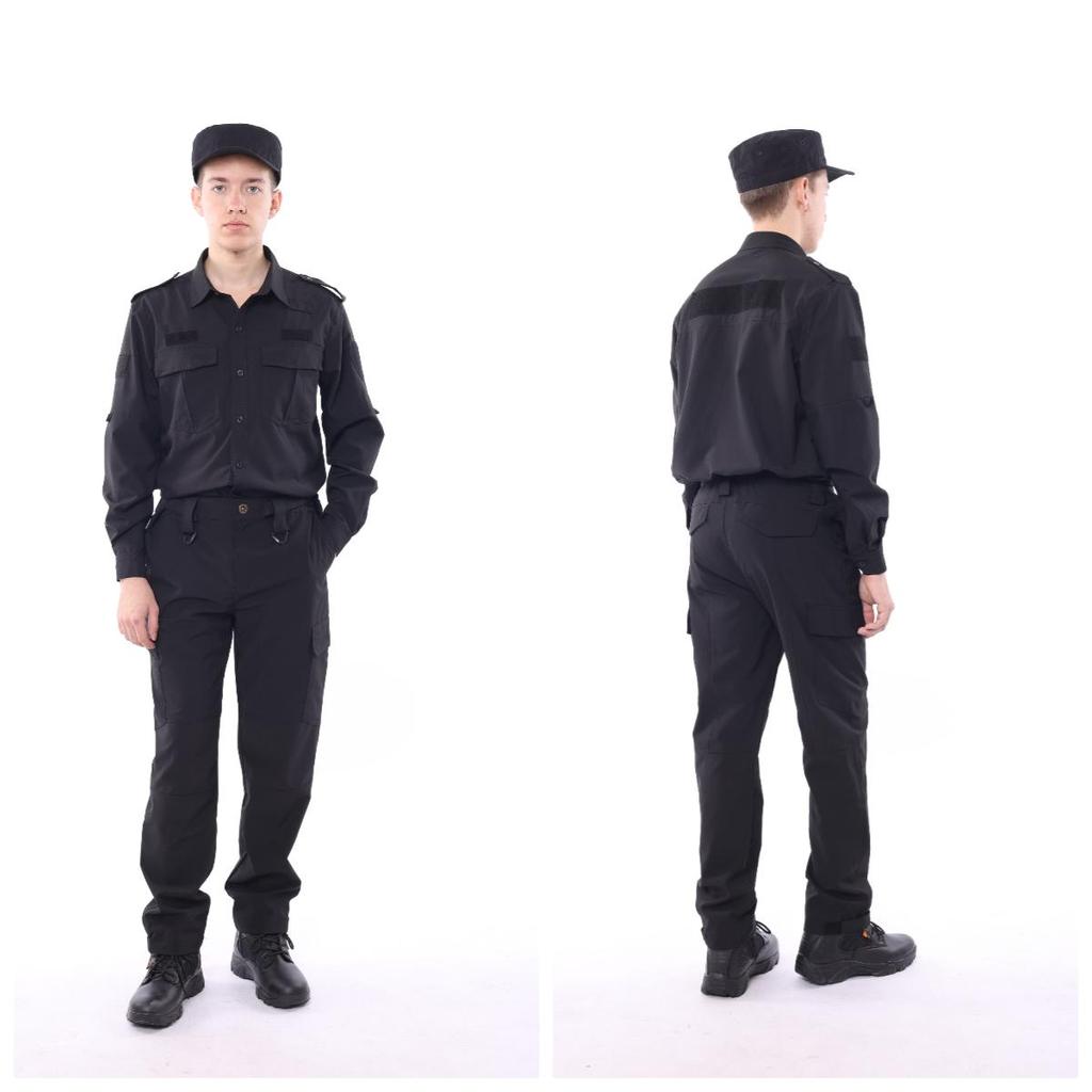 Black Strech Long Sleeve Security Guard Blouse Cargo Pant Suit Unisex Adult