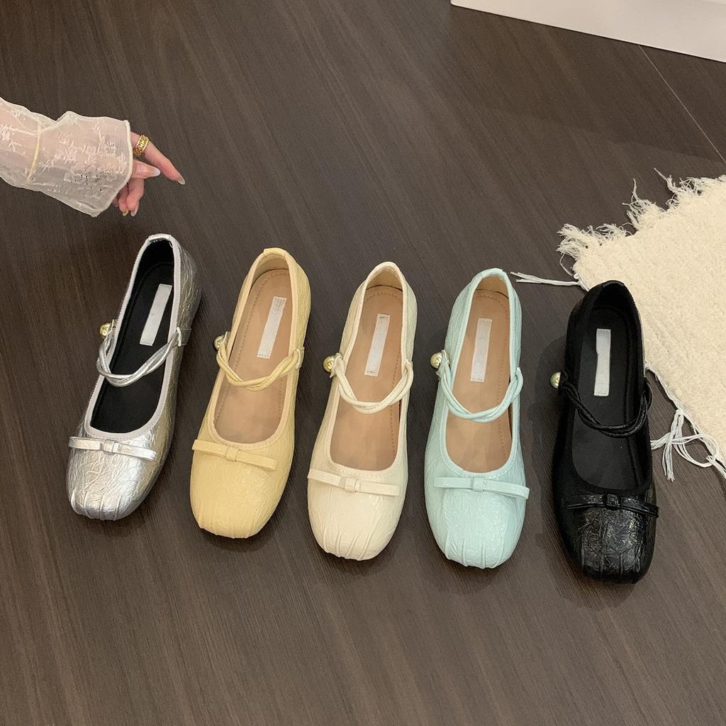 Inner Height Increase Silver Mary Jane Shoes Women's Head Bow Light Mouth Single Shoes