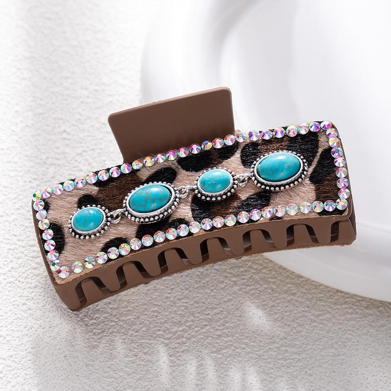Bohemian Ethnic Style Turquoise Grab Clip Western Style Hairpin Retro Leopard Print Sequined Leather Fashion Disc Hairpin