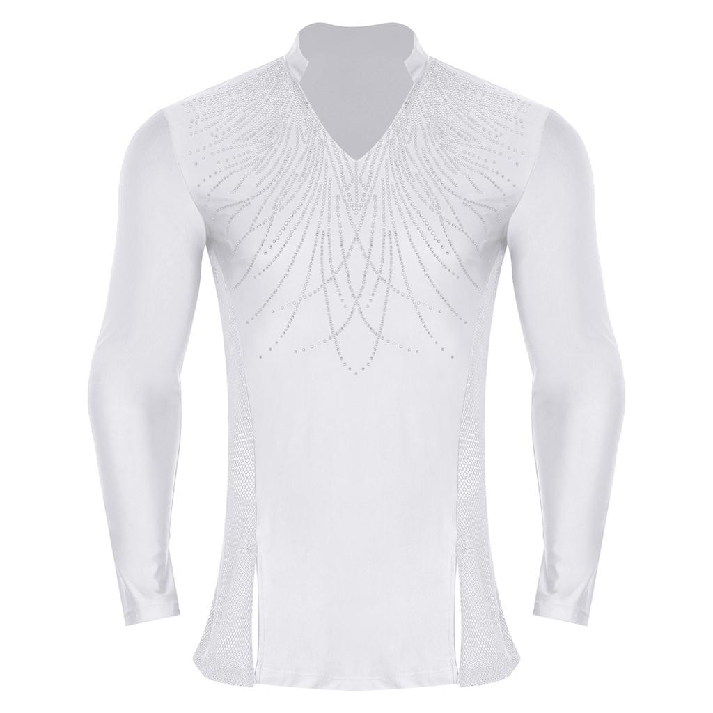 Pánské třpytivé kamínkové taneční top s límečkem do V, dlouhým rukávem, bočními síťovanými díly, patchworkem a rozparky, oblečení do tanečního sálu