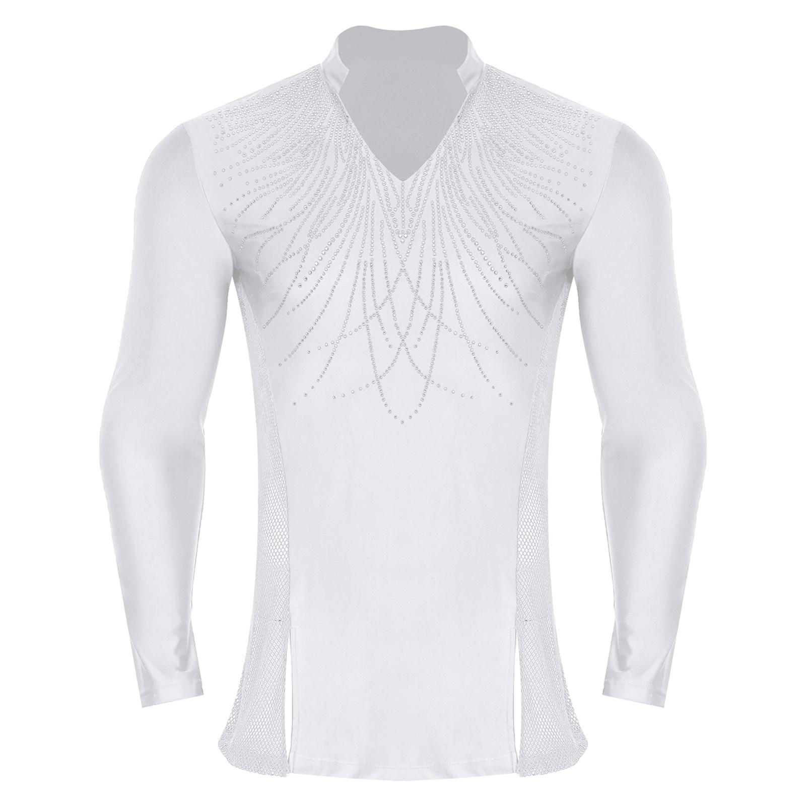 

Чоловічий блискучий топ для танців зі стразами, з лацканами, V-подібним вирізом, довгими рукавами, бічними сітчастими вставками, контрастними елементами, розрізами. Одяг для бальних танців M білий
