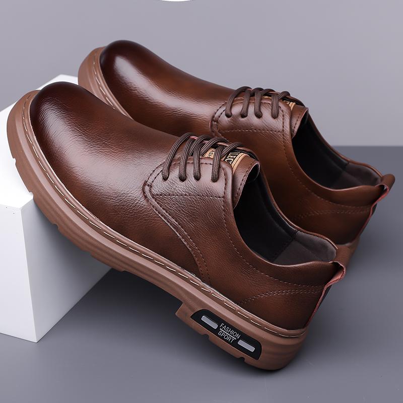 Retro New Men's Leather Shoes Handmade Business Casual Workwear Men Shoes Solid Color Lace Up Soft Sole Breathable Sports Shoes
