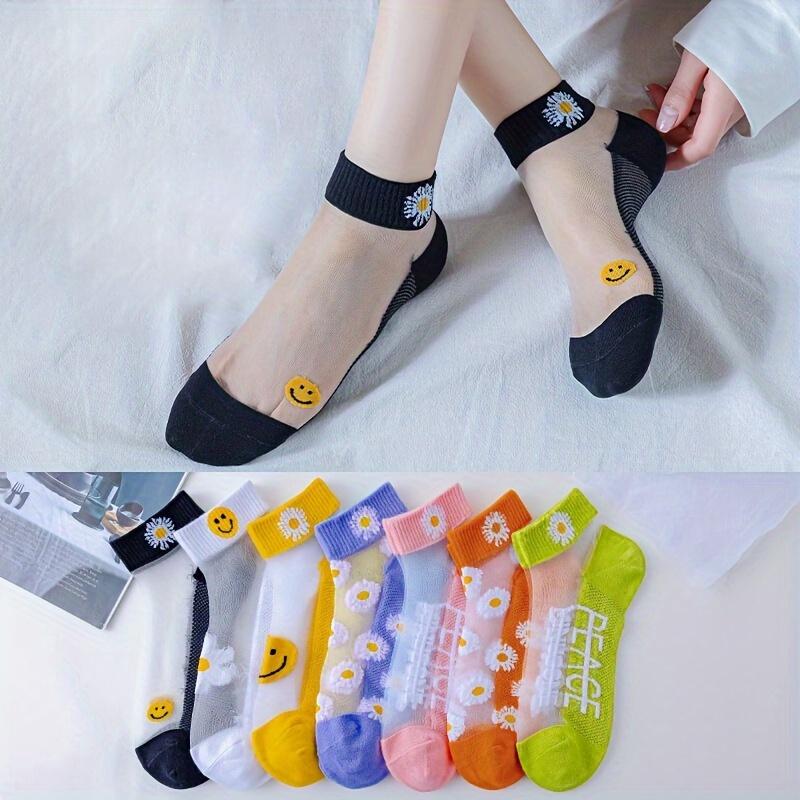 

5-Pairs Women s Japanese Style Invisible Socks Socks: Sheer Daisy Print, Crystal Thin for Summer - Airy Light, Cozy Wear
