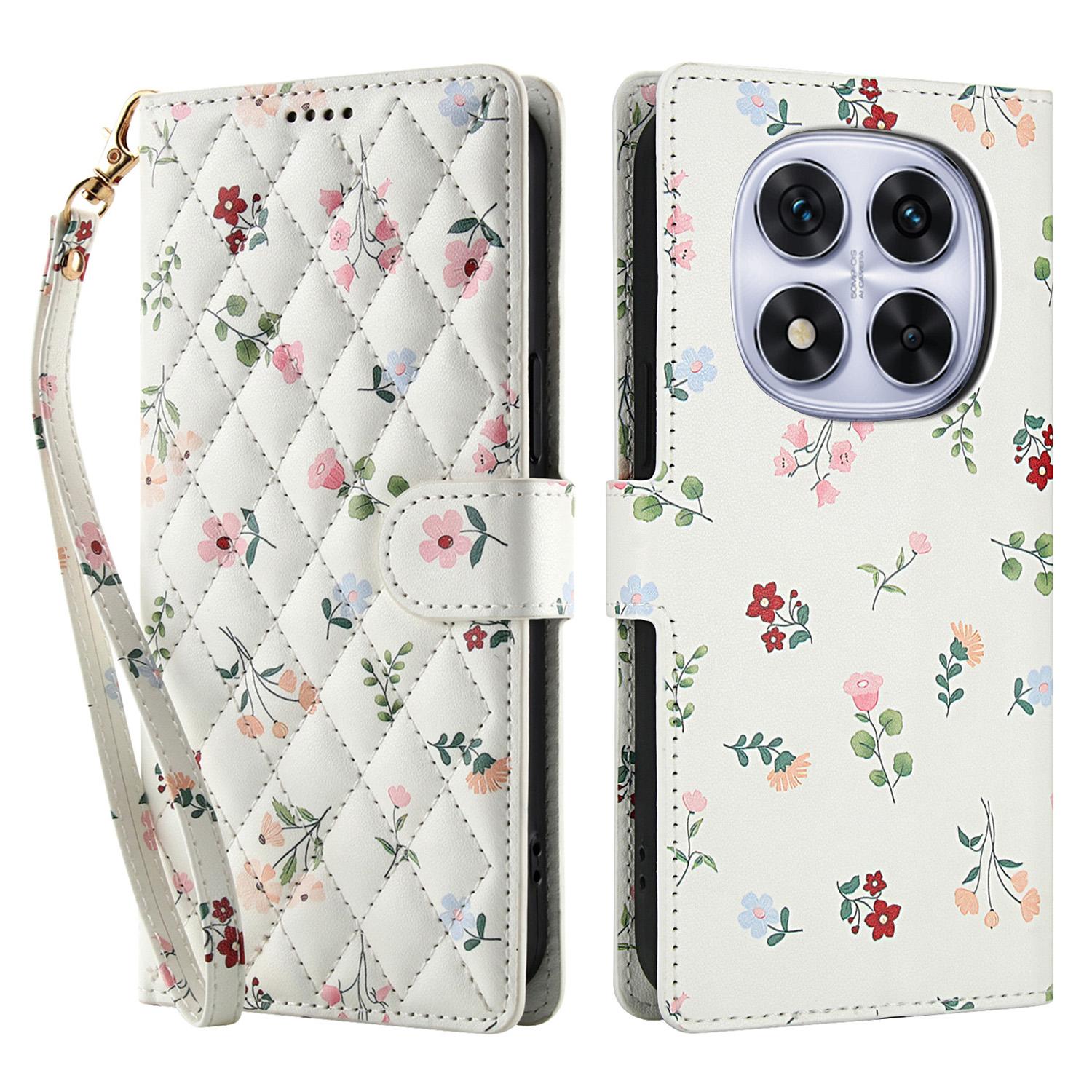 

For Xiaomi Redmi Note 15 Pro 4G (Global) Wallet Case Rhombic Floral Design Leather Flip Phone Cover with Strap
