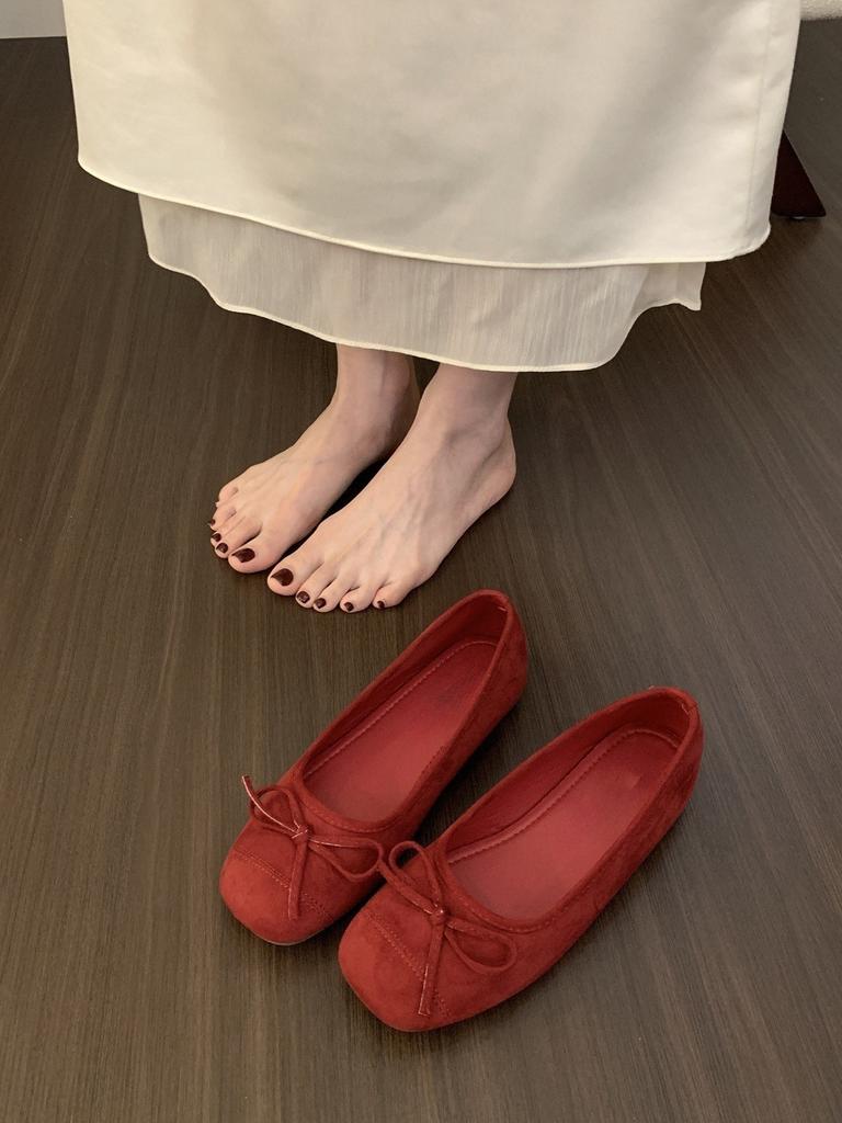 Evening Wind Suede Inner Height Increase Ballet Shoes Femininity Red with Skirt Shallow Mouth Single