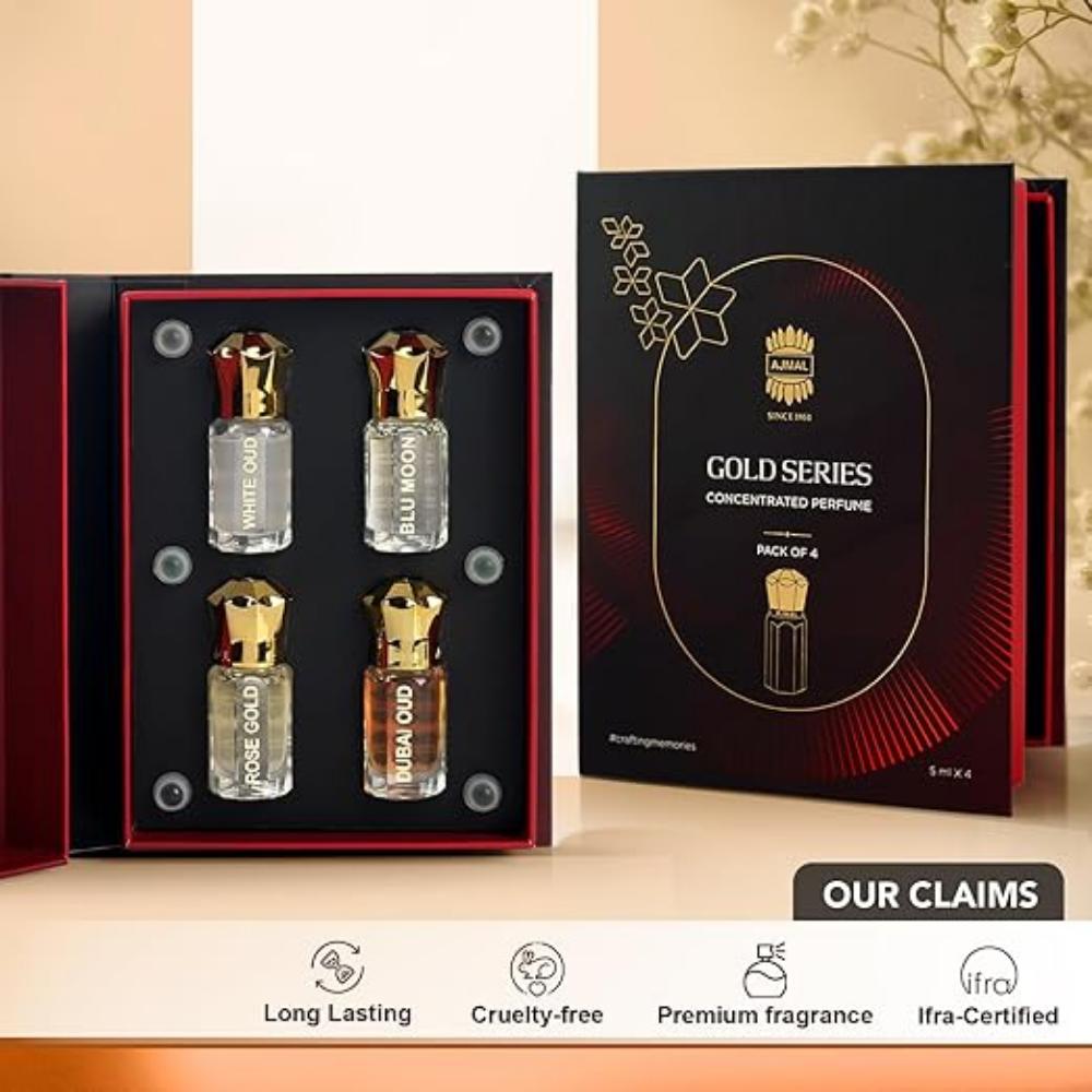 Non-Alcoholic Attar Perfume Roll-On for Men & Women | Blu Moon, Dubai Oud, White Oud, Rose Gold | 5ML, Pack of 4 Gift Set