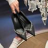 Spot A-327 Black Commuter 2025 New V-mouth Pointed Rhinestone Thin Heel Satin Fashionable Versatile High-heeled Shoes