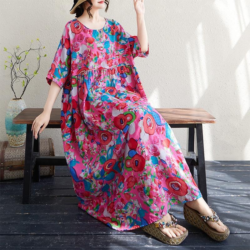 Echte Aufnahme Sommer dünne Baumwolle und Leinen Rundhals Kurzarm schlichtes Saflor böhmisch mittel und lang Außenhandel Kleid Frauen