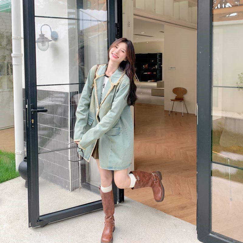 Blue Casual Denim Jacket for Women Mid-length Autumn New Korean Style Retro Loose Suit