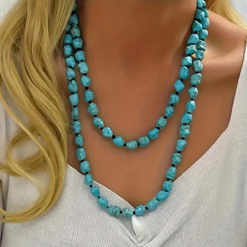 Collana Lunga Infinita con Perline Turchesi per Donne Ragazze Adolescenti Boho Lunga Annodata Pietra Collane Multifiilo Stratificate Gioielli Fatti a Mano
