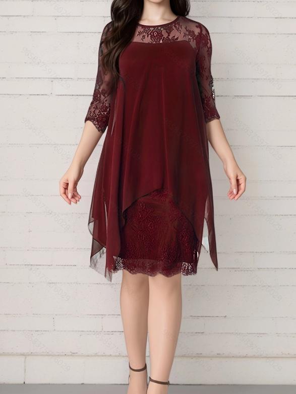 Spring/Summer 2026 Elegant Lace Patchwork Chiffon Dress with Three-Quarter Sleeves