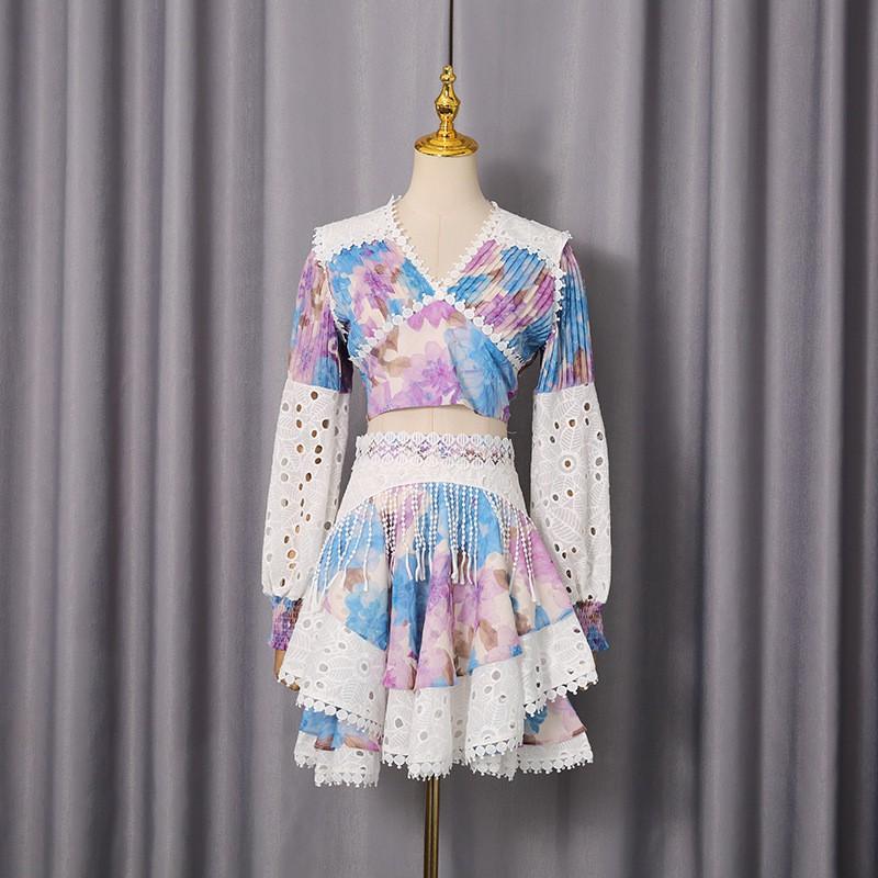 

Bohemian Flower Vacation Lace Stitching Suit Women s Shirt + Skirt XL синій