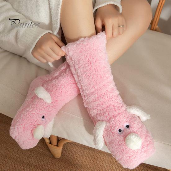 1 Pair Adult Winter Floor Socks Cartoon Dog Design Thickened Plush Double Warmth Anti-slip Long Socks Holiday Gift