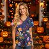 Women's V Neck Short Sleeve Work Top with Pockets Halloween Print Nurse Uniform Scrub Shirt for Healthcare Professionals