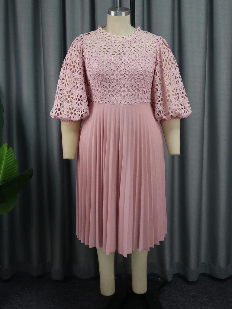 Plus Size Lace Lantern Sleeve Dress with Pleated Skirt - Christmas Gift