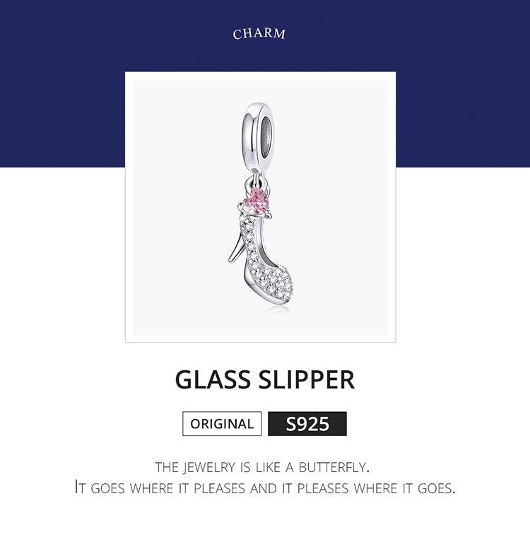 WOSTU Shiny Glass Slipper 925 Sterling Silver Heels Pink Heart Zircon Pendant Charm Fit Original Bracelet Jewelry