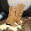 Western Cowboy Pointed Toe Boots Women Autumn Winter Retro Metal Buckle Decorated Suede Tall Skinny Knight Boots