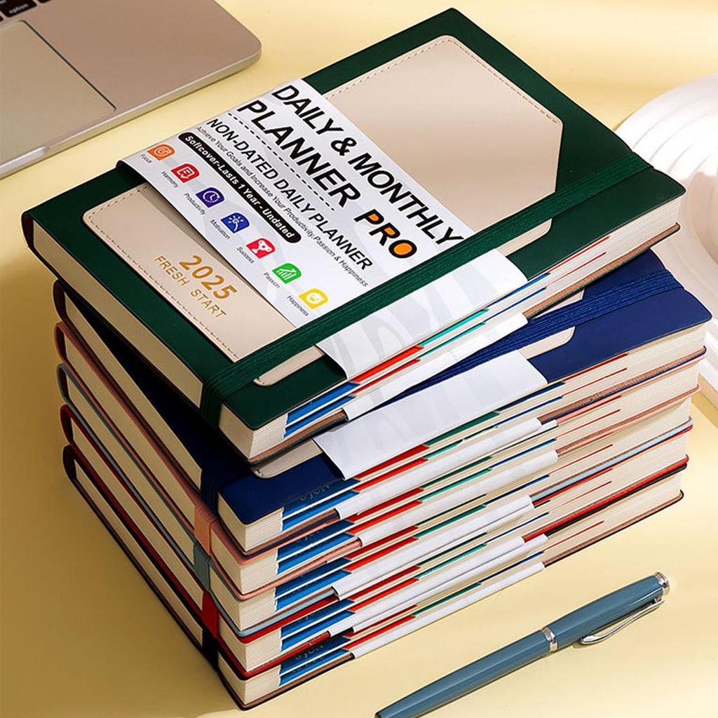 A5 leather 2025 business schedule book, English inner pages, student daily planner, 365-day record book, notepad, memo, 200 sheets