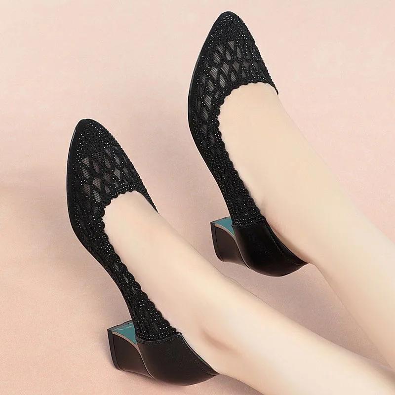 Fashion 2025 Summer Fashion Hollow Out Genuine Leather Pumps Women Shoes Med Heels Square Heel Mesh  Office Shoes Crystal
