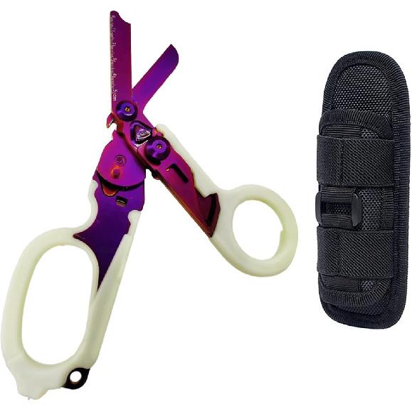 Emergency Response Shears,Stainless Steel Multifunction Self-Luminous Foldable Trauma shear with 1 Black Holster for Outdoor Camping Tools