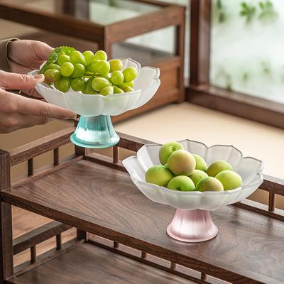 Colored Glaze High-foot Lotus Fruit Plate Living Room and Tea Room Snack Display Plate High-looking Pink Nut Tea Snack Plate