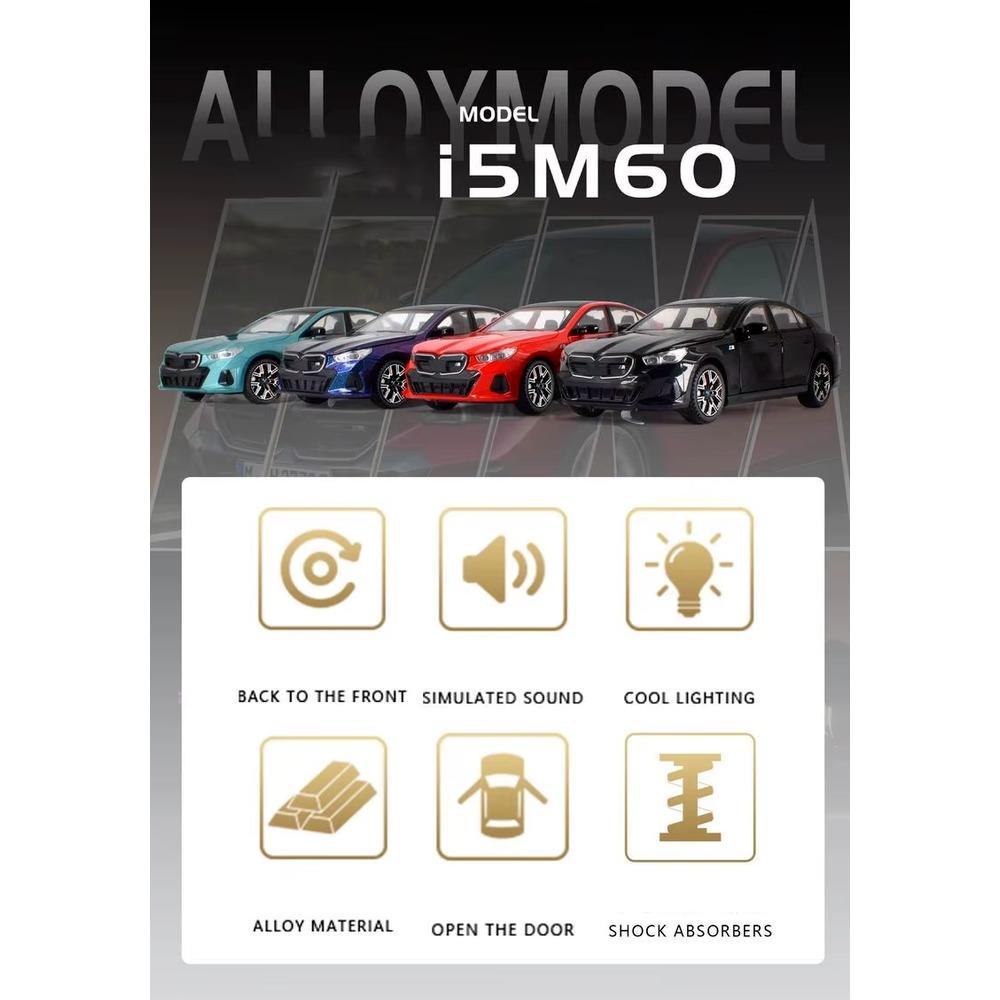 1/24 BMW I5 M60 Diecast Alloy Modelo Luxy Toy Car Som Luz Kid X-MAS Toy Presente
