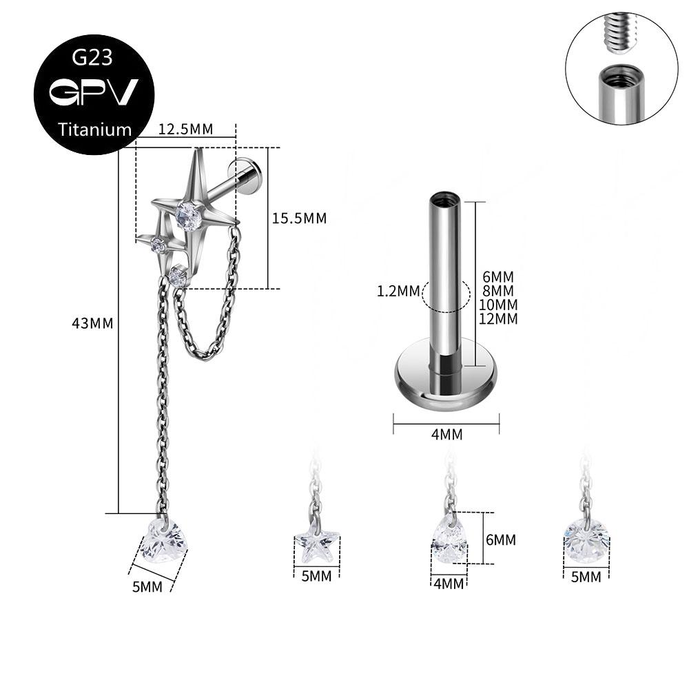 G23 F136 Titanium Star Ear Cartilage Nail Chain Pendant Cross 5A Zircon Earnail Women's Perforated Zircon